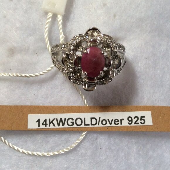 NWT 14k WHITE GOLD Oval GENUINE Ruby 10x8mm White Topaz Ring Sz 8 MSRP $450 - Picture 2 of 4